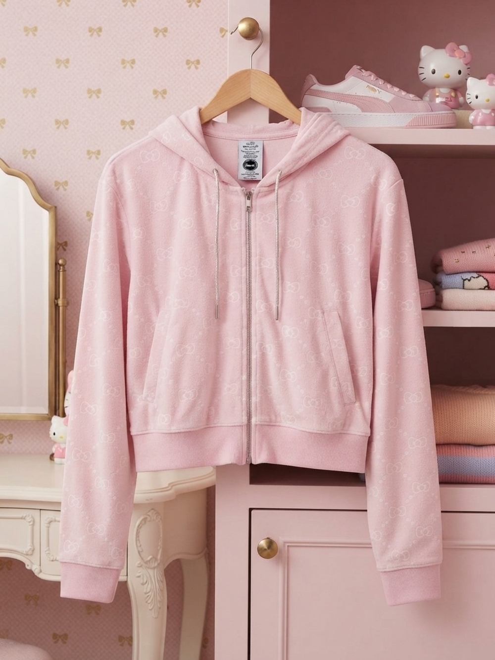 Rhinestone Hello Kitty Pink Zip-Up Hoodie Jacket With Bow Print NWT